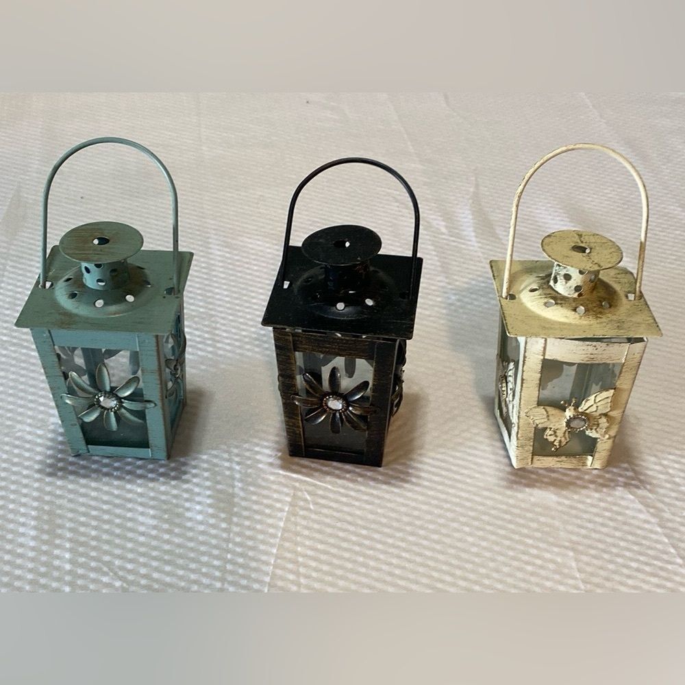 Pier 1 Black, Sage and Cream Mini Floral & Butterfly Lanterns with Rhinestones